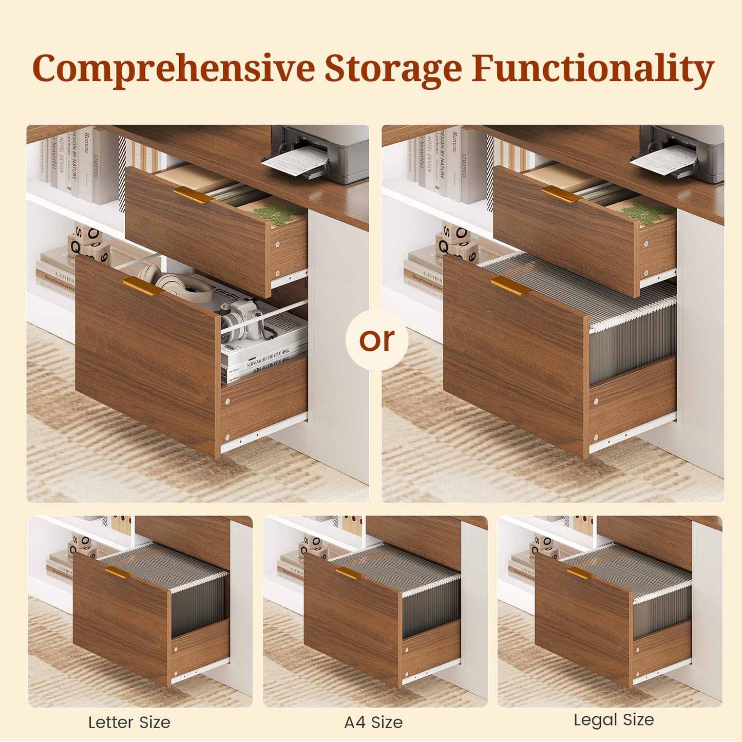 Adjustable Height Electric Standing Desk with File Drawers White & Walnut