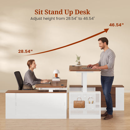 Adjustable Height Electric Standing Desk with File Drawers White & Walnut