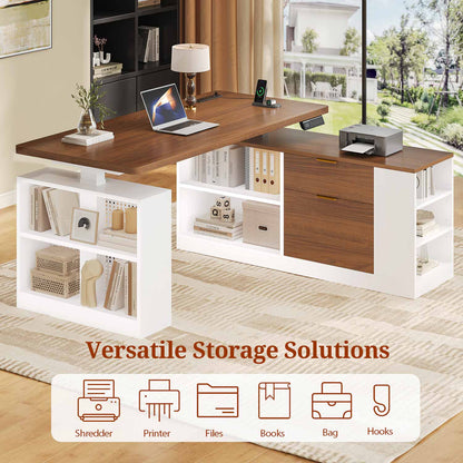 Adjustable Height Electric Standing Desk with File Drawers White & Walnut