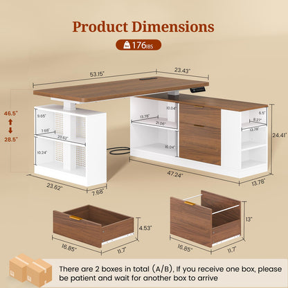 Adjustable Height Electric Standing Desk with File Drawers White & Walnut