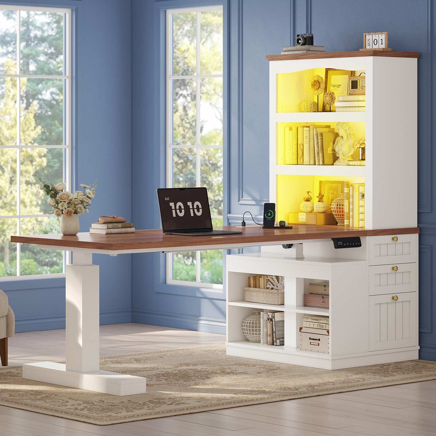 55 Inch Adjustable Standing Desk with Storage Shelves  White
