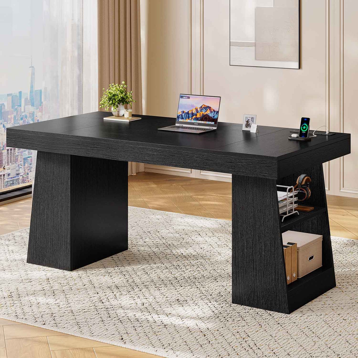 55.9" Executive Desk with Power Outlets & Open Storage Shelves Black