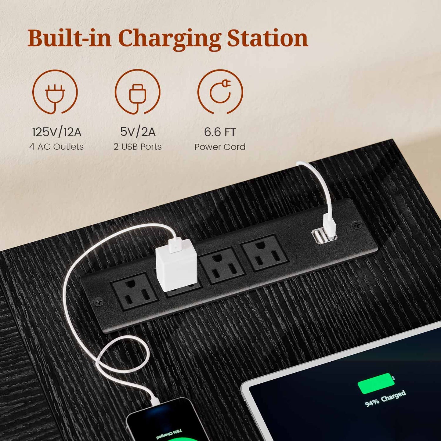 55.9" Executive Desk with Power Outlets & Open Storage Shelves Black