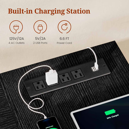 55.9" Executive Desk with Power Outlets & Open Storage Shelves Black