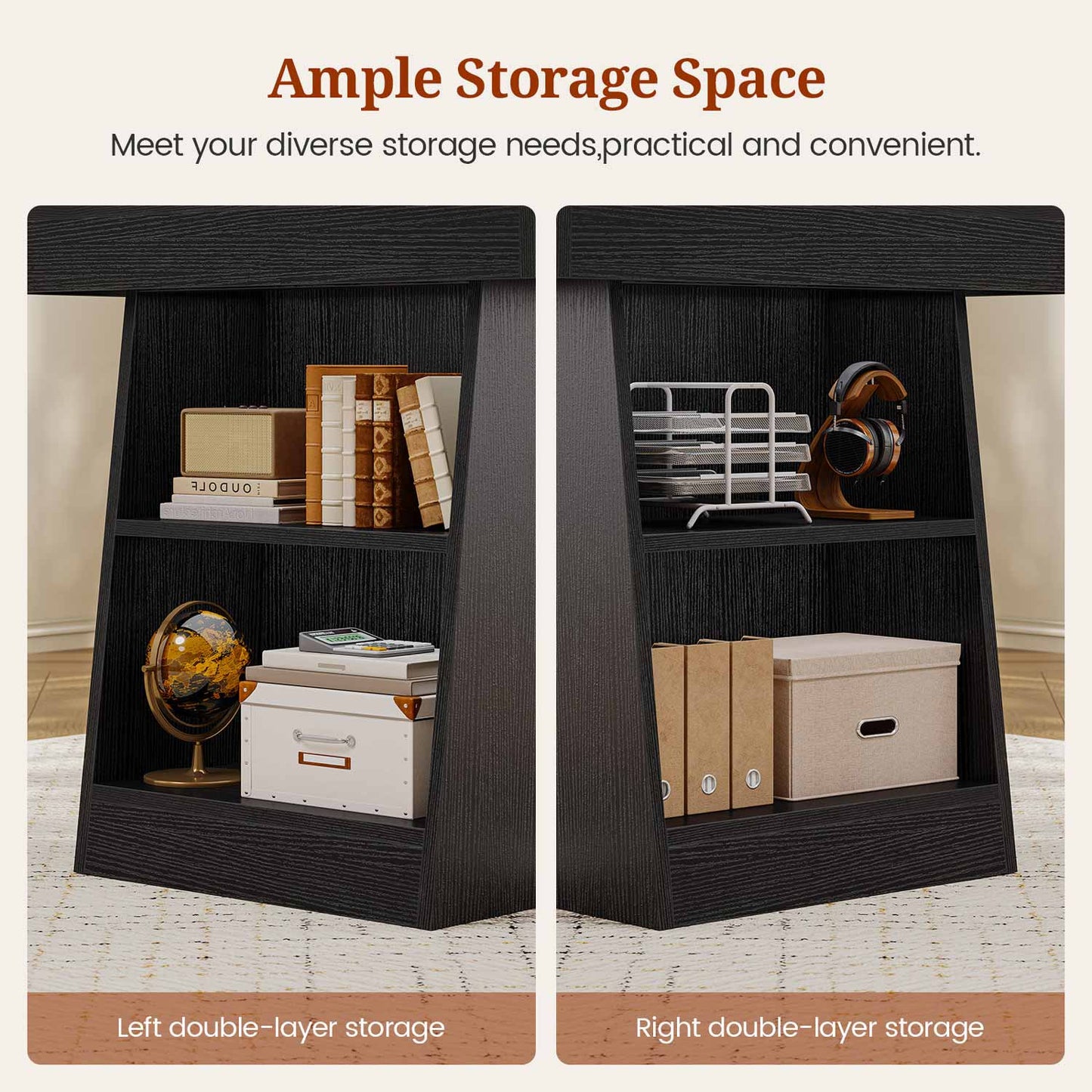 55.9" Executive Desk with Power Outlets & Open Storage Shelves Black