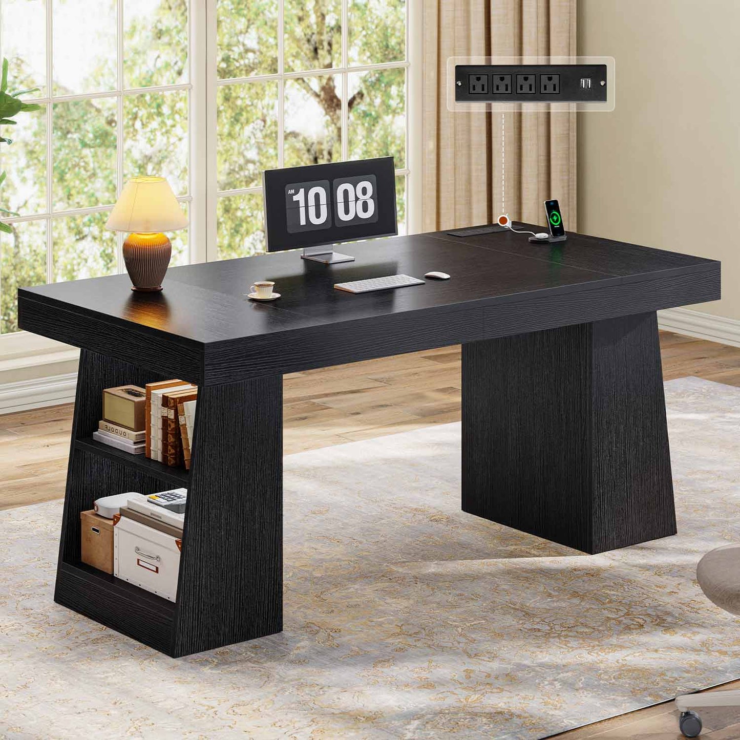 55.9" Executive Desk with Power Outlets & Open Storage Shelves Black