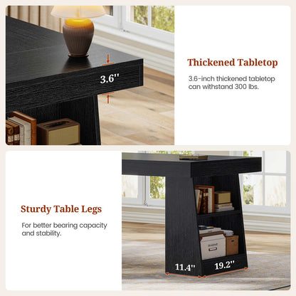 55.9" Executive Desk with Power Outlets & Open Storage Shelves Black