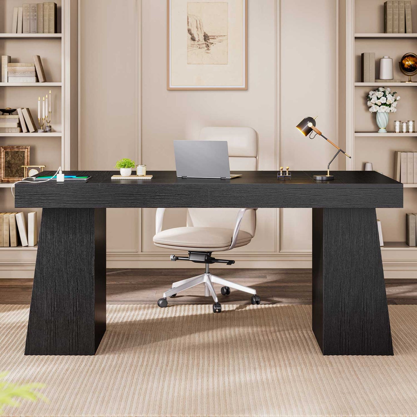 55.9" Executive Desk with Power Outlets & Storage Shelves Black