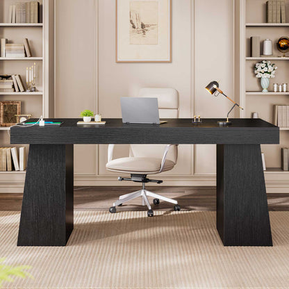 55.9" Executive Desk with Power Outlets & Storage Shelves Black
