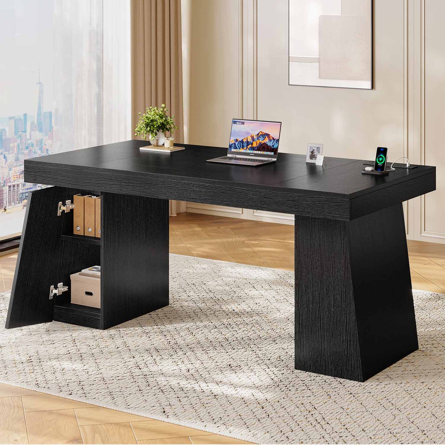 55.9" Executive Desk with Power Outlets & Storage Shelves Black
