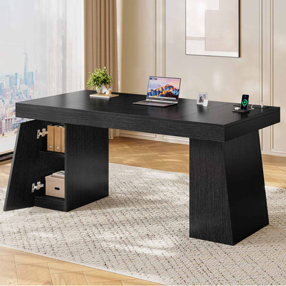 55.9" Executive Desk with Power Outlets & Storage Shelves Black
