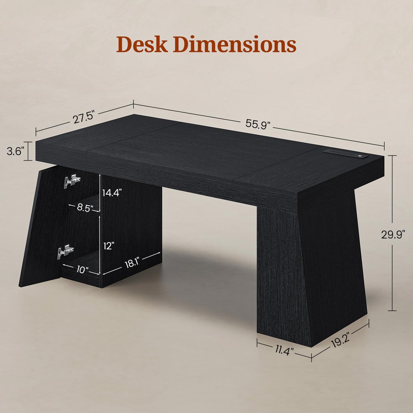 55.9" Executive Desk with Power Outlets & Storage Shelves Black
