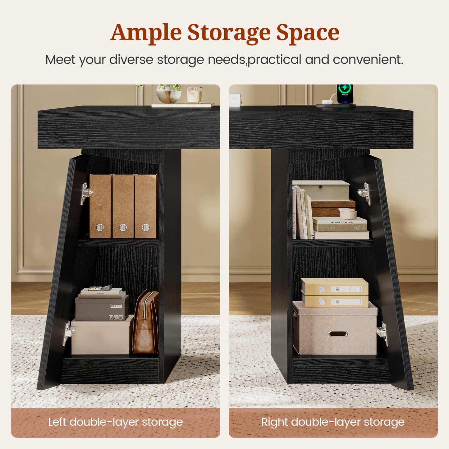 55.9" Executive Desk with Power Outlets & Storage Shelves Black