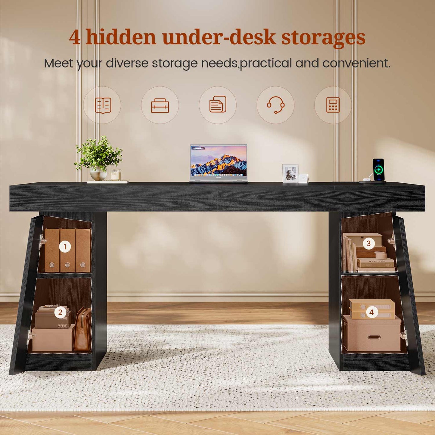 55.9" Executive Desk with Power Outlets & Storage Shelves Black