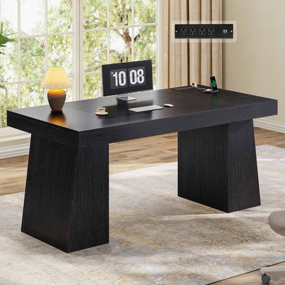 55.9" Executive Desk with Power Outlets & Storage Shelves Black