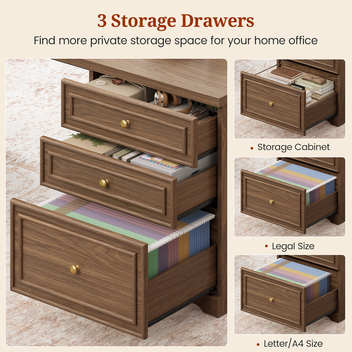 67"x 67" L Shaped Standing Desk with 3 Drawers & Storage Shelves Walnut