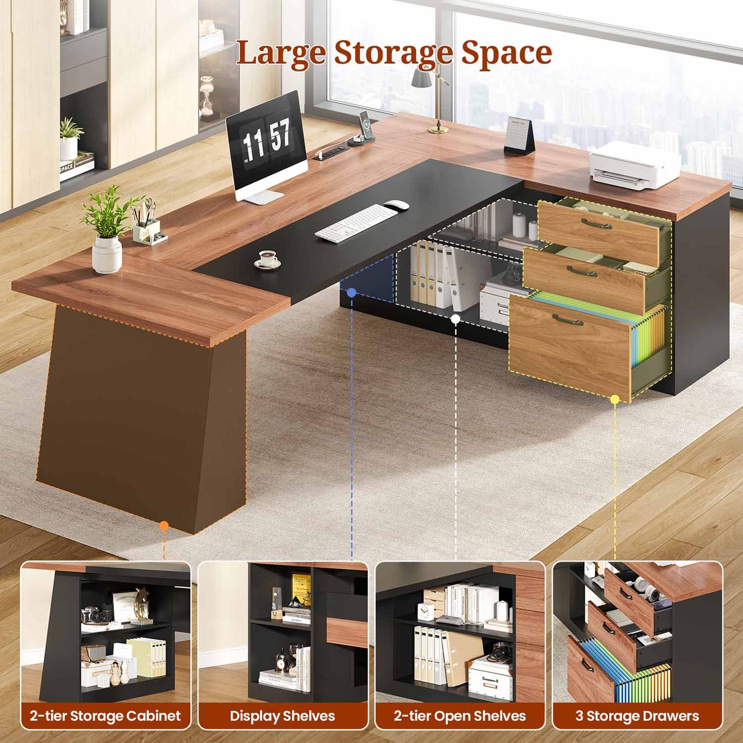78.7 Inch L Shaped Executive Desk with Power Outlets and Storage Walnut