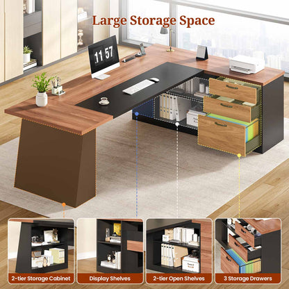 78.7 Inch L Shaped Executive Desk with Power Outlets and Storage Walnut