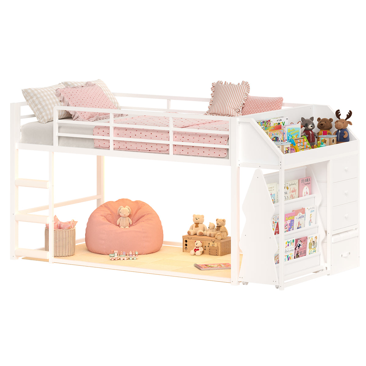 Twin Loft Bed with RGB Lights and Storage Drawers White