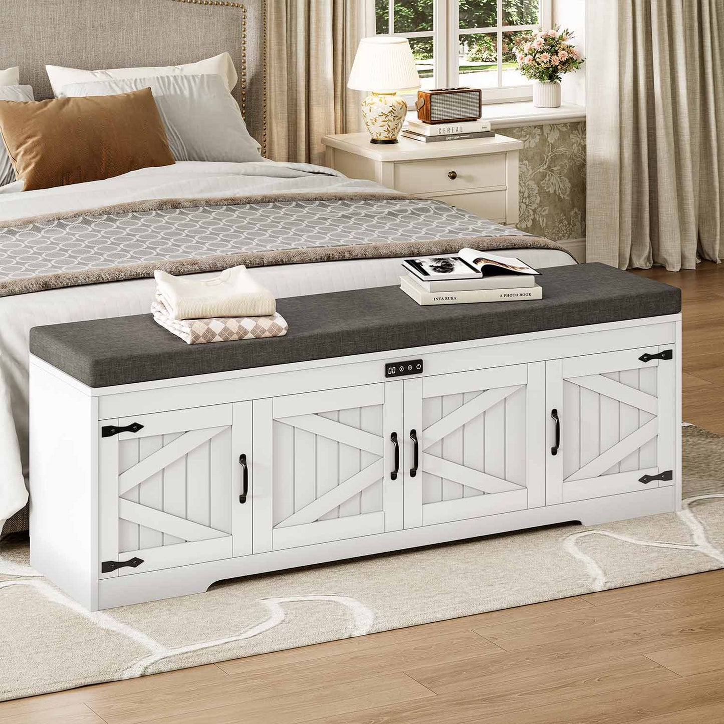 60“ Farmhouse Shoe Storage Bench with Deodorizing White