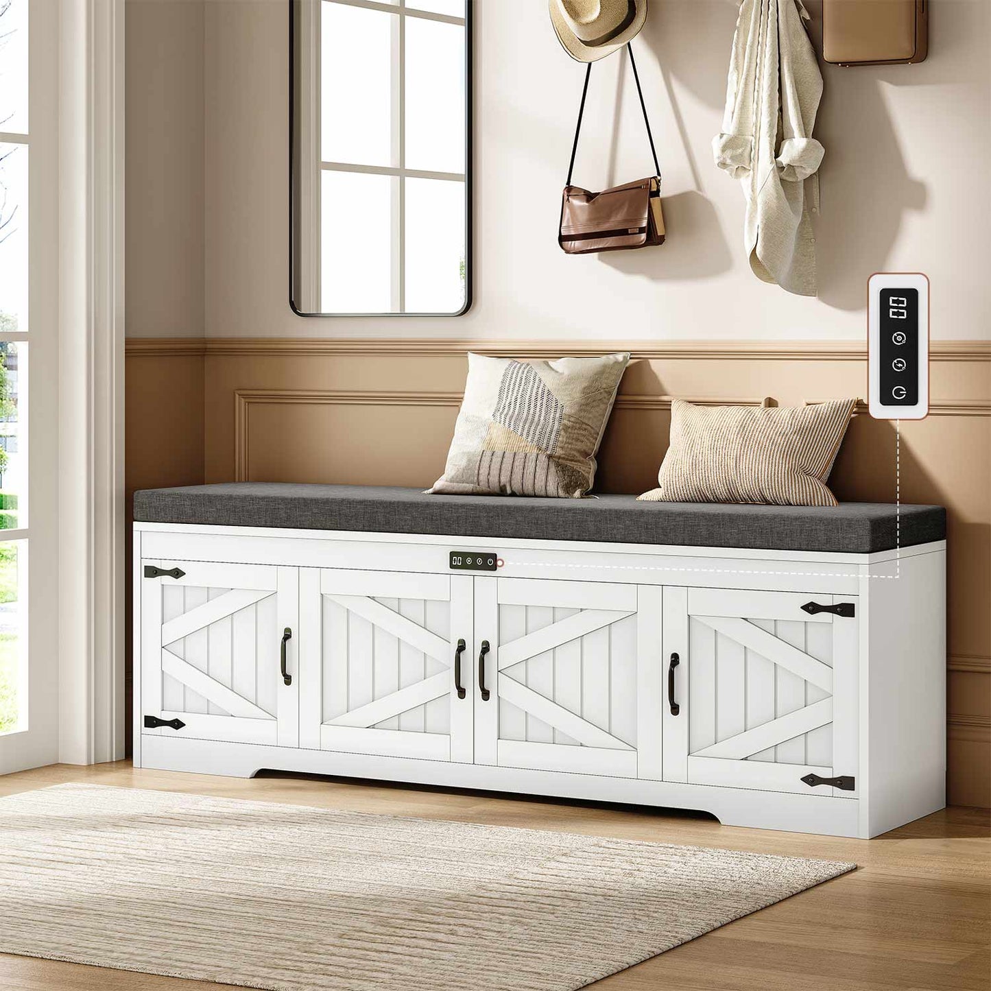 60“ Farmhouse Shoe Storage Bench with Deodorizing White