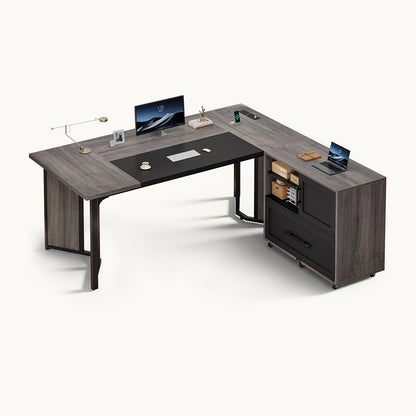 63" Executive Desk with Mobile Filing Cabinet and Power Outlets  Grey