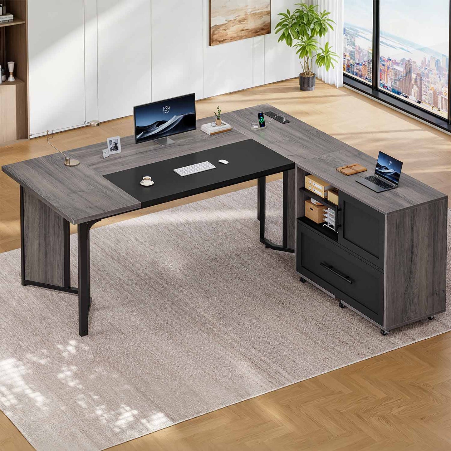 63" Executive Desk with Mobile Filing Cabinet and Power Outlets  Grey