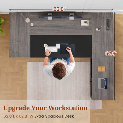 63" Executive Desk with Mobile Filing Cabinet and Power Outlets  Grey