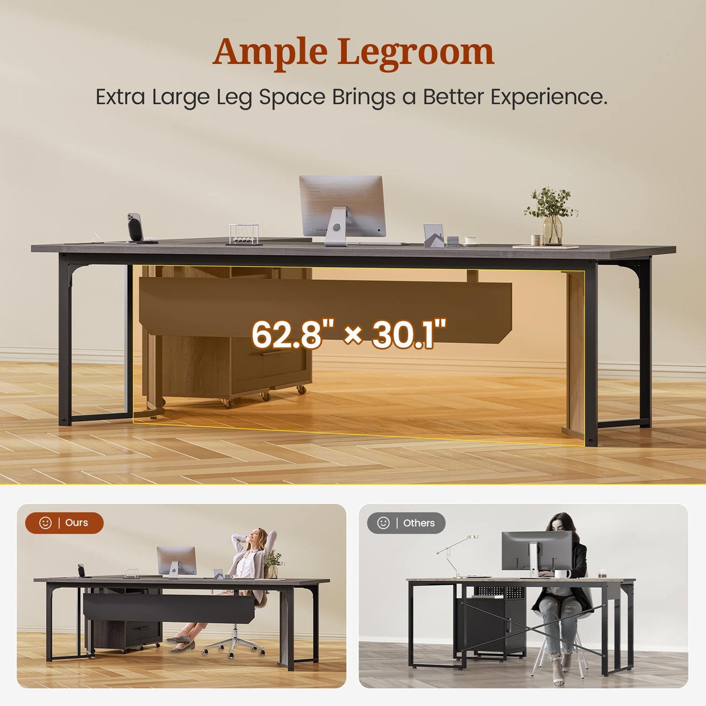 63" Executive Desk with Mobile Filing Cabinet and Power Outlets  Grey