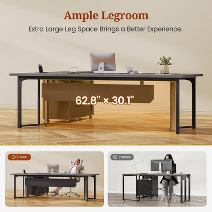 63" Executive Desk with Mobile Filing Cabinet and Power Outlets  Grey