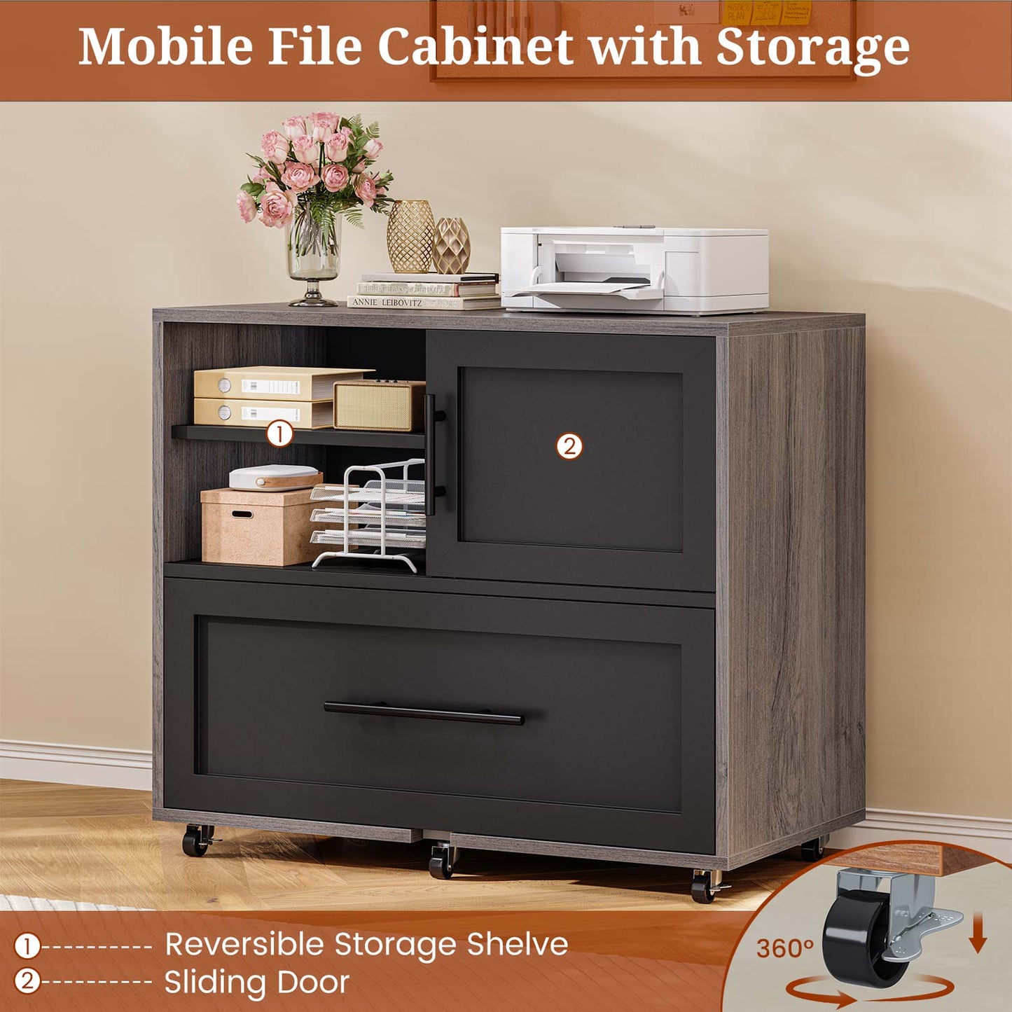 63" Executive Desk with Mobile Filing Cabinet and Power Outlets  Grey