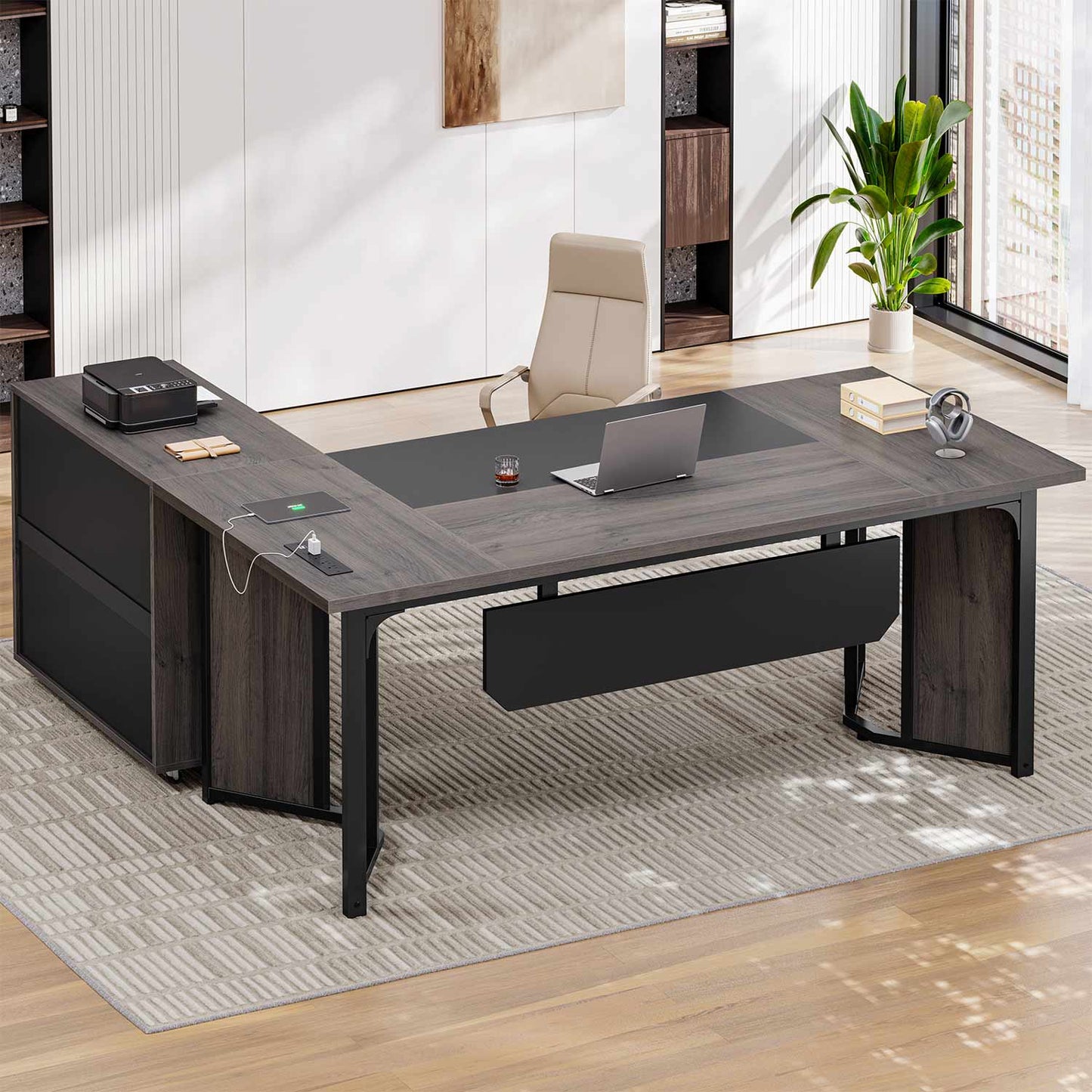 63" Executive Desk with Mobile Filing Cabinet and Power Outlets  Grey