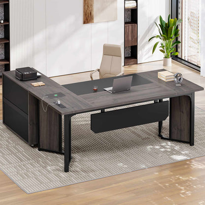 63" Executive Desk with Mobile Filing Cabinet and Power Outlets  Grey
