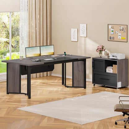 63" Executive Desk with Mobile Filing Cabinet and Power Outlets  Grey