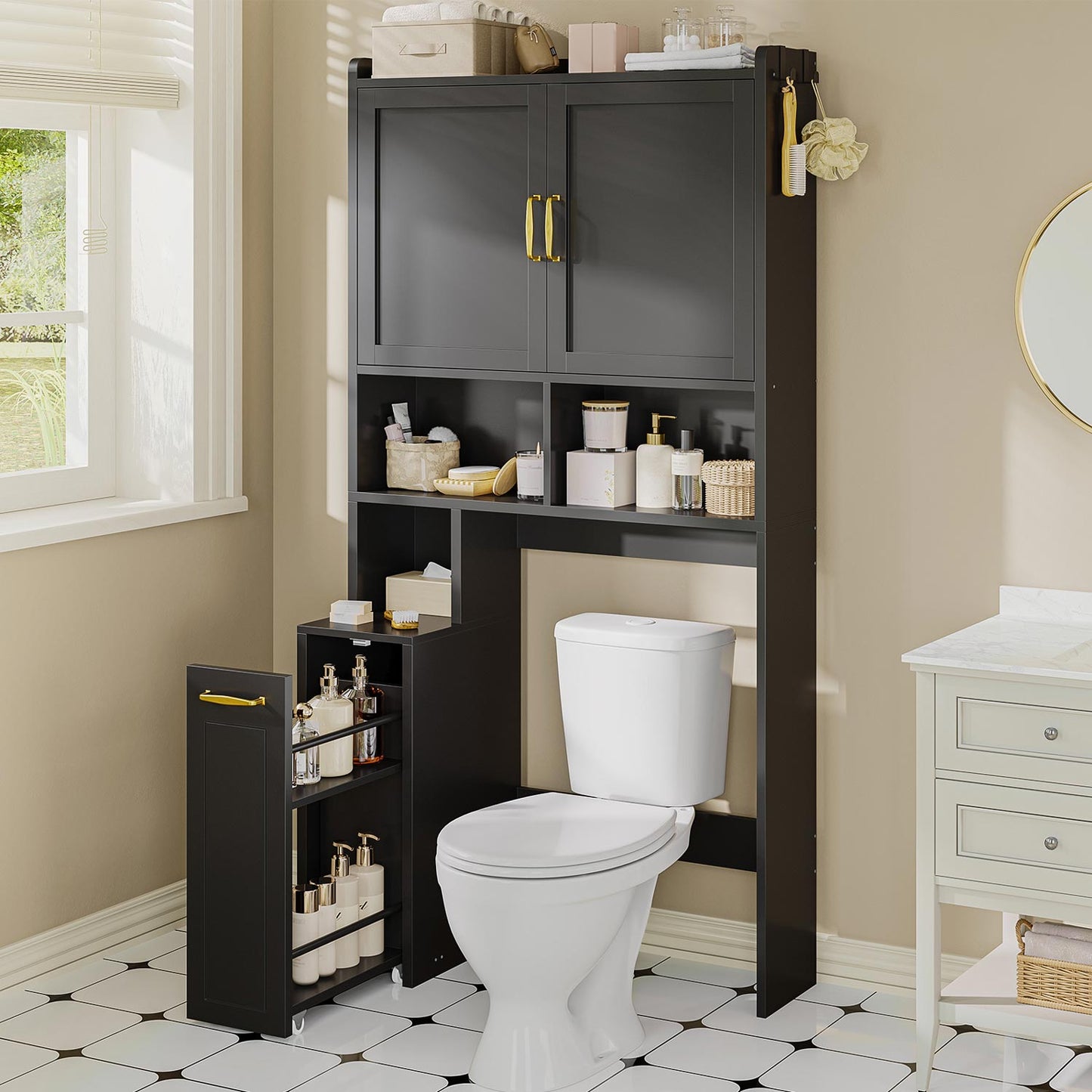Over The Toilet Storage Cabinet with Pulley Black