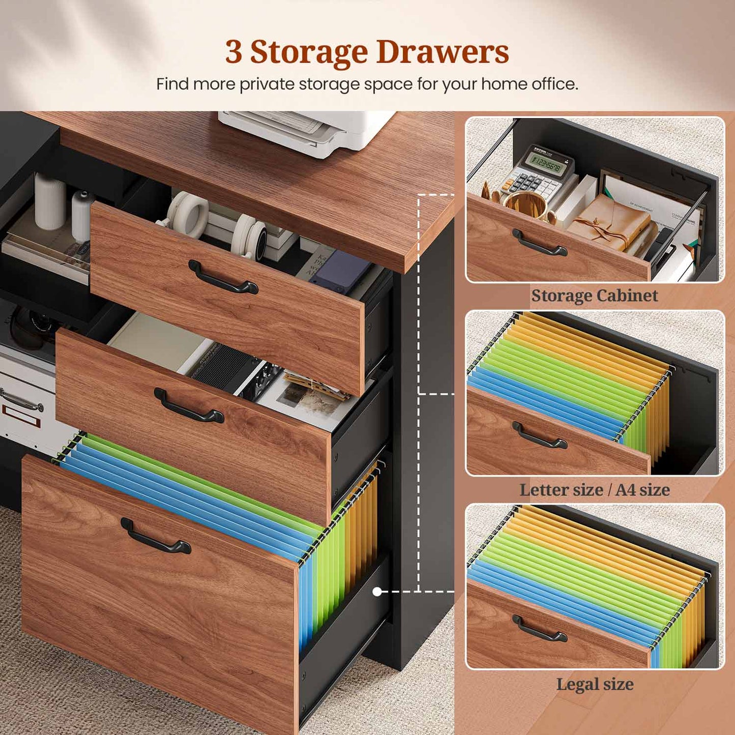 78.7 Inch L Shaped Executive Desk with Power Outlets and Storage Walnut