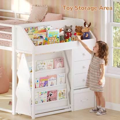 Twin Loft Bed with RGB Lights and Storage Drawers White