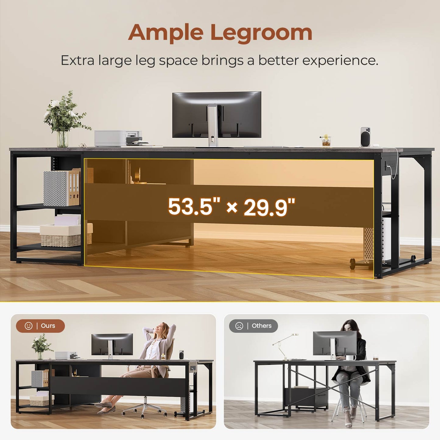 71 inch Executive Desk with Widen File Drawers and  Power Outlets Grey