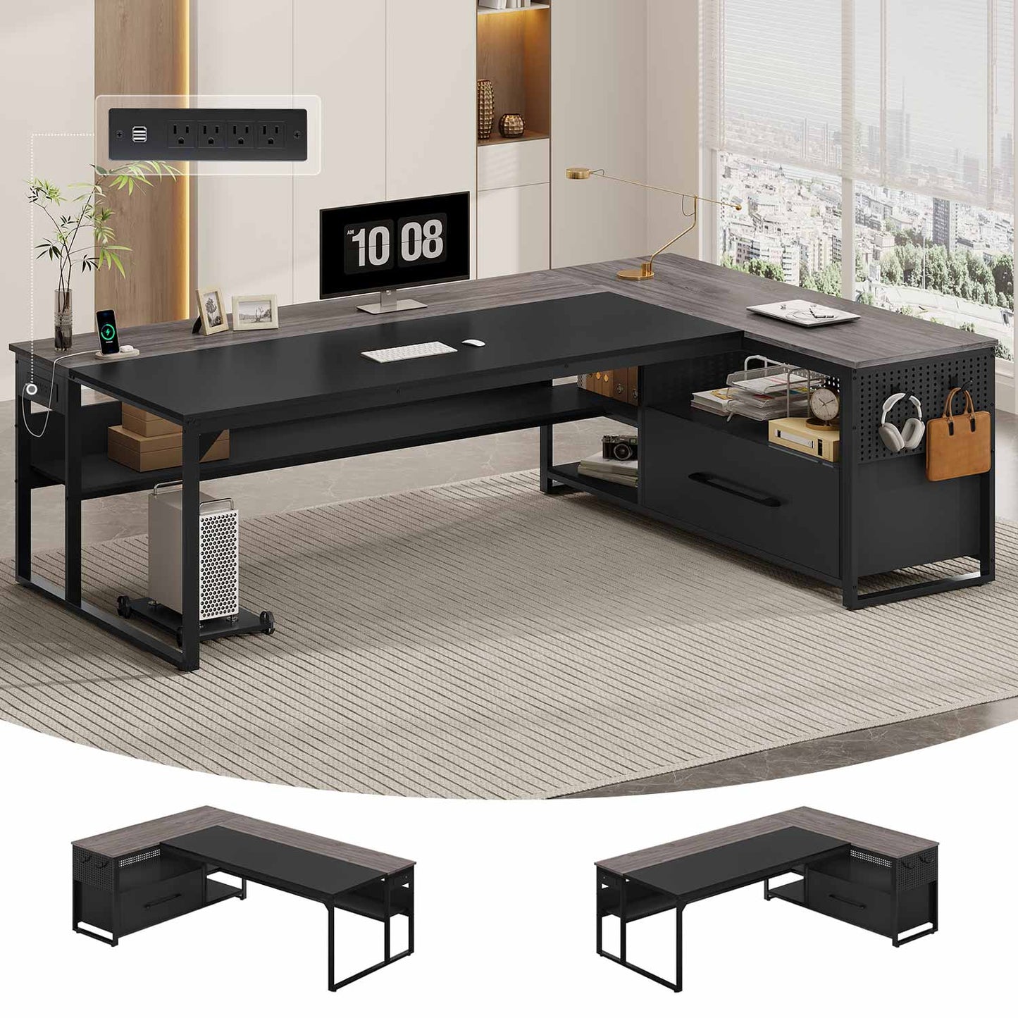 71 inch Executive Desk with Widen File Drawers and  Power Outlets Grey