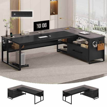 71 inch Executive Desk with Widen File Drawers and  Power Outlets Grey
