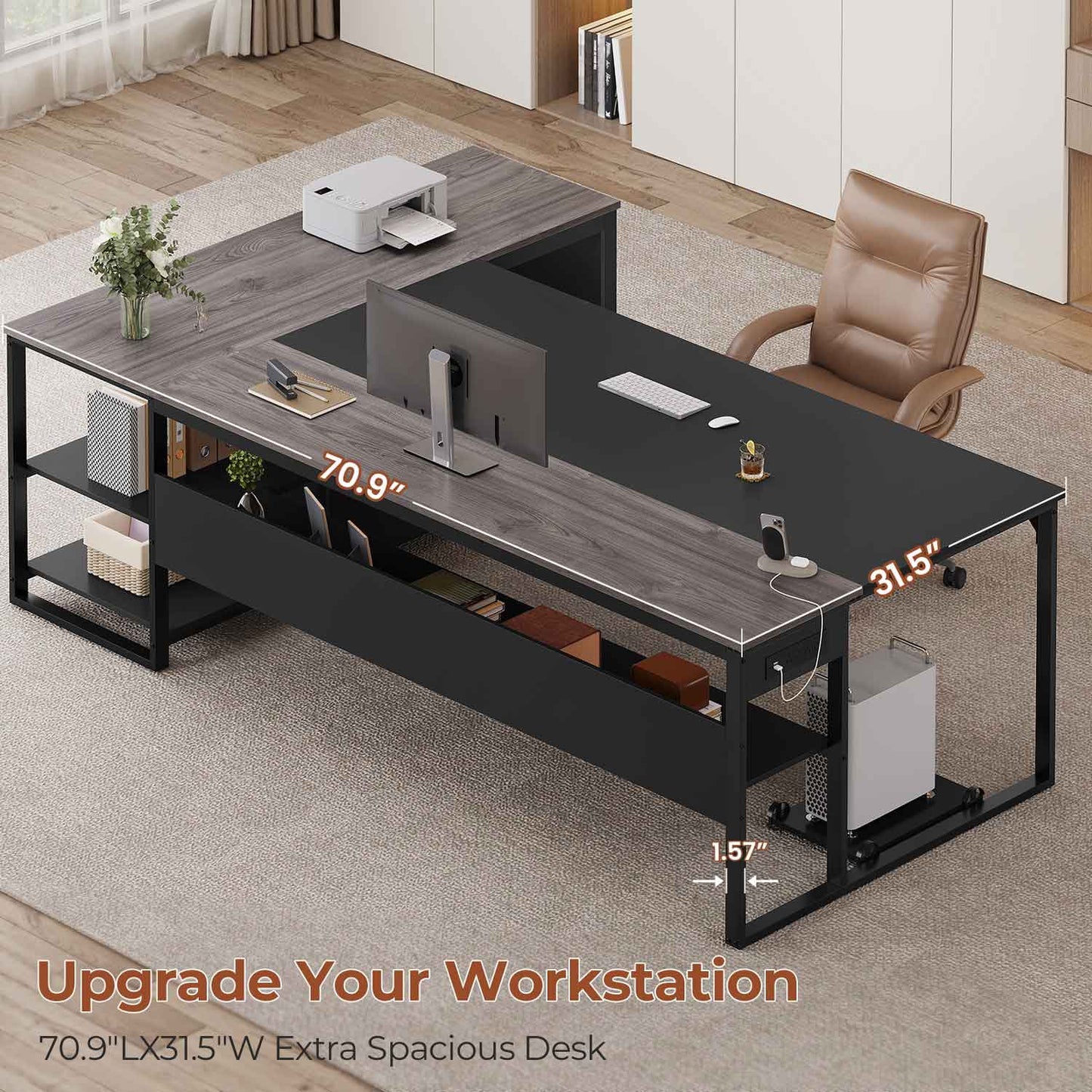 71 inch Executive Desk with Widen File Drawers and  Power Outlets Grey