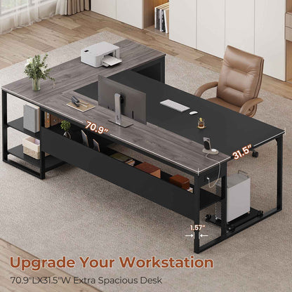 71 inch Executive Desk with Widen File Drawers and  Power Outlets Grey