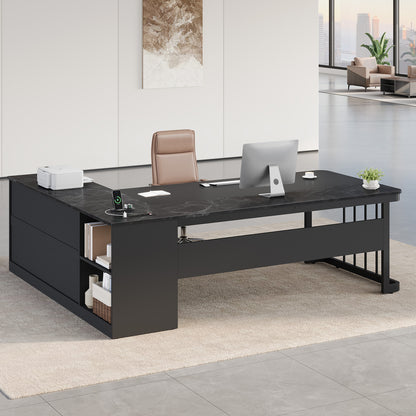 71" Modern L Shaped Executive Desk with Drawers & Storage Shelves Black