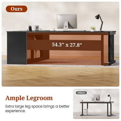 71" Modern L Shaped Executive Desk with Drawers & Storage Shelves Black