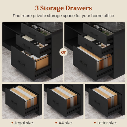 71" Modern L Shaped Executive Desk with Drawers & Storage Shelves Black