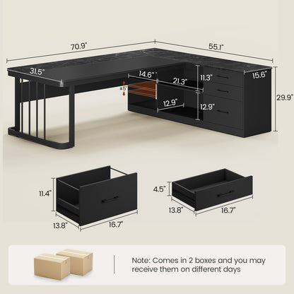 71" Modern L Shaped Executive Desk with Drawers & Storage Shelves Black