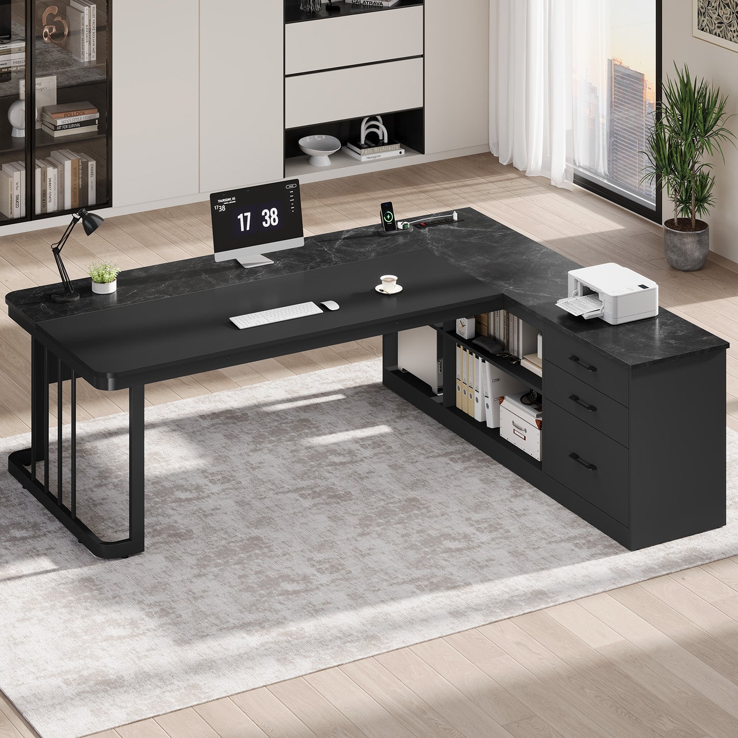 Uposoja 71 in Modern L Shaped Executive Desk with File Cabinet Storage Shelves & Power Outlets Black