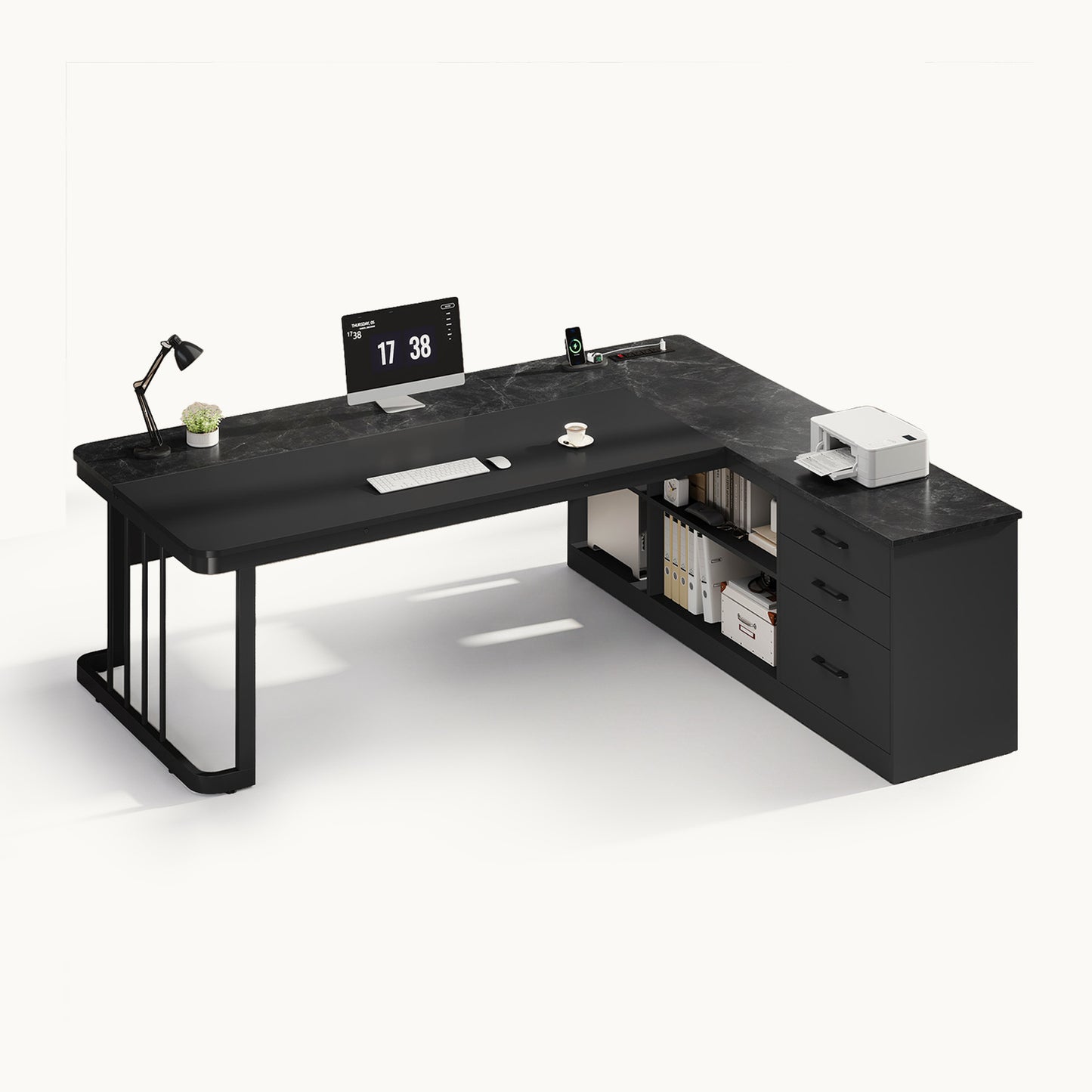 71" Modern L Shaped Executive Desk with Drawers & Storage Shelves Black