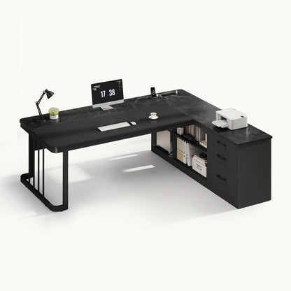 71" Modern L Shaped Executive Desk with Drawers & Storage Shelves Black