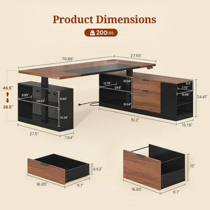 Electric L Shaped Standing Desk with Storage Shelves and Power Outlet Black